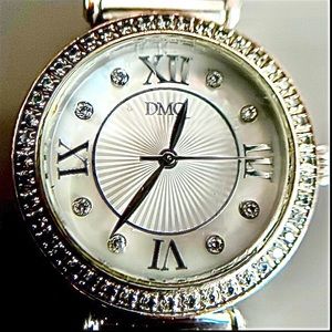 DMQ SilverTone Pave Bezel Round Dial Bling Ladies Watch